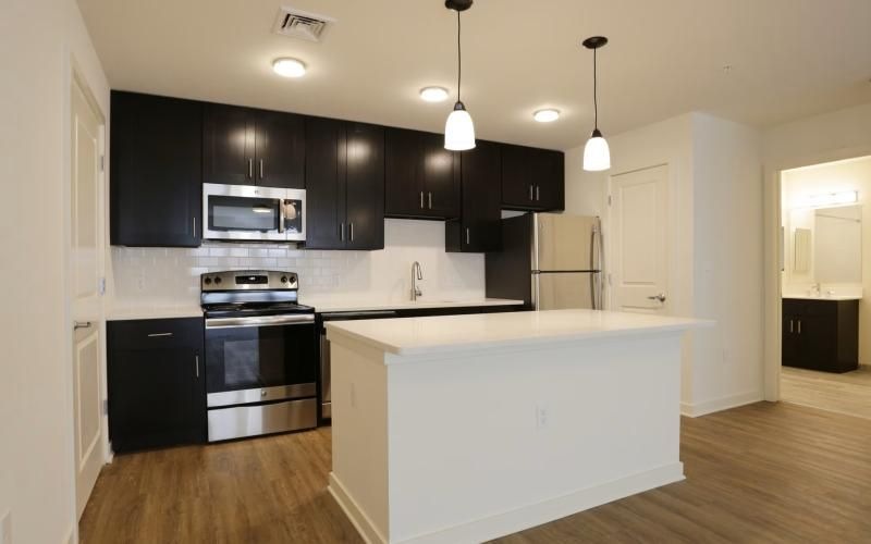 a kitchen with black cabinets